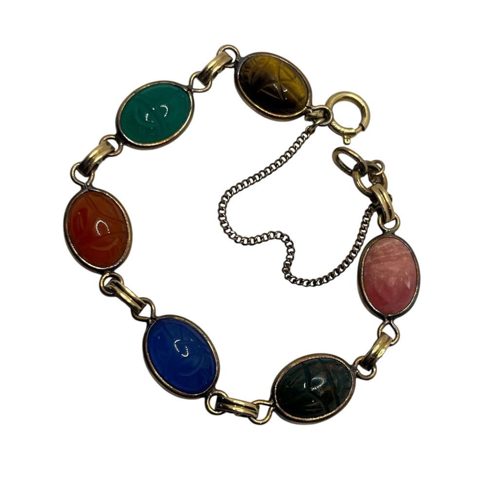 Van Dell 12k gold filled multi colored stone scarab beetle bracelet vintage